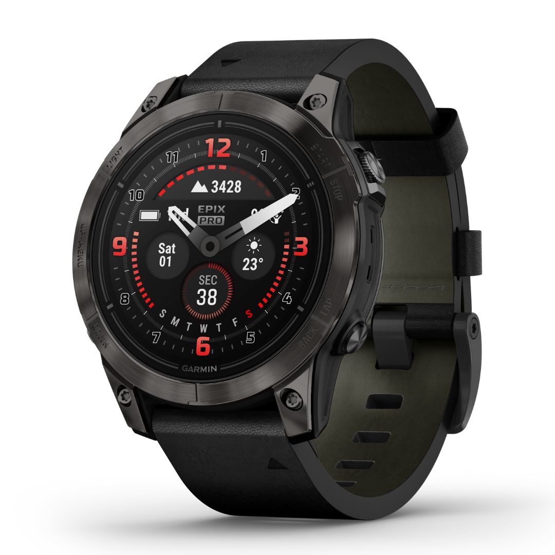 Garmin Epix Pro Gen 2 Sapphire, 47 mm, hiilenharmaa DLC-titaani ja musta nahkaranneke, AMOLED GPS-älykello 010-02803-30
