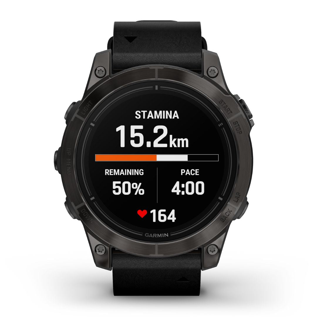 Garmin Epix Pro Gen 2 Sapphire, 47 mm, hiilenharmaa DLC-titaani ja musta nahkaranneke, AMOLED GPS-älykello 010-02803-30