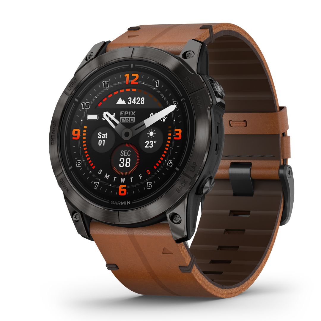 Garmin Epix Pro Gen 2 Sapphire, 51 mm, hiilenharmaa DLC-titaani ja ruskea nahkaranneke, AMOLED GPS-älykello 010-02804-30