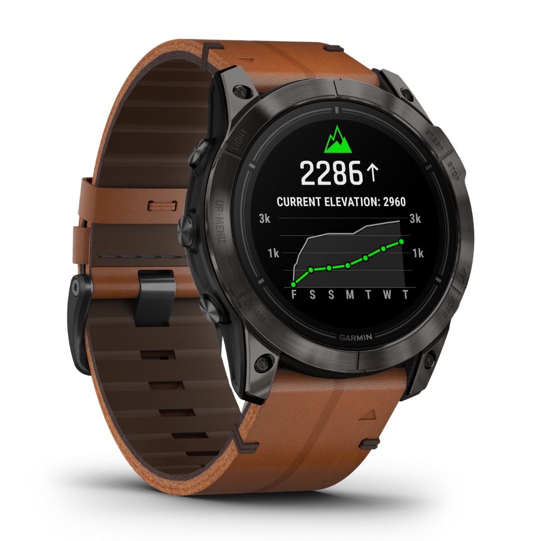 Garmin Epix Pro Gen 2 Sapphire, 51 mm, hiilenharmaa DLC-titaani ja ruskea nahkaranneke, AMOLED GPS-älykello 010-02804-30