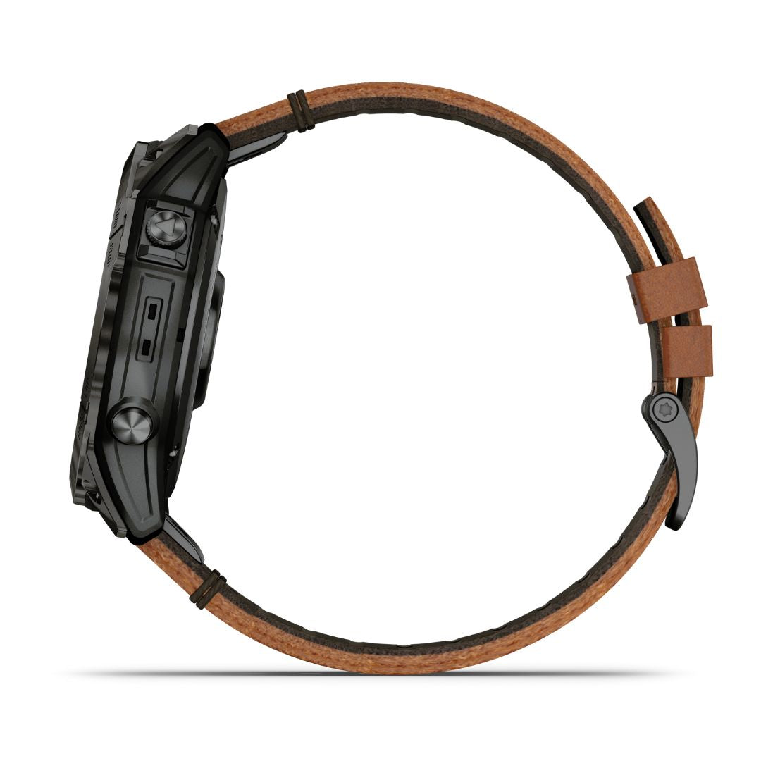 Garmin Epix Pro Gen 2 Sapphire, 51 mm, hiilenharmaa DLC-titaani ja ruskea nahkaranneke, AMOLED GPS-älykello 010-02804-30