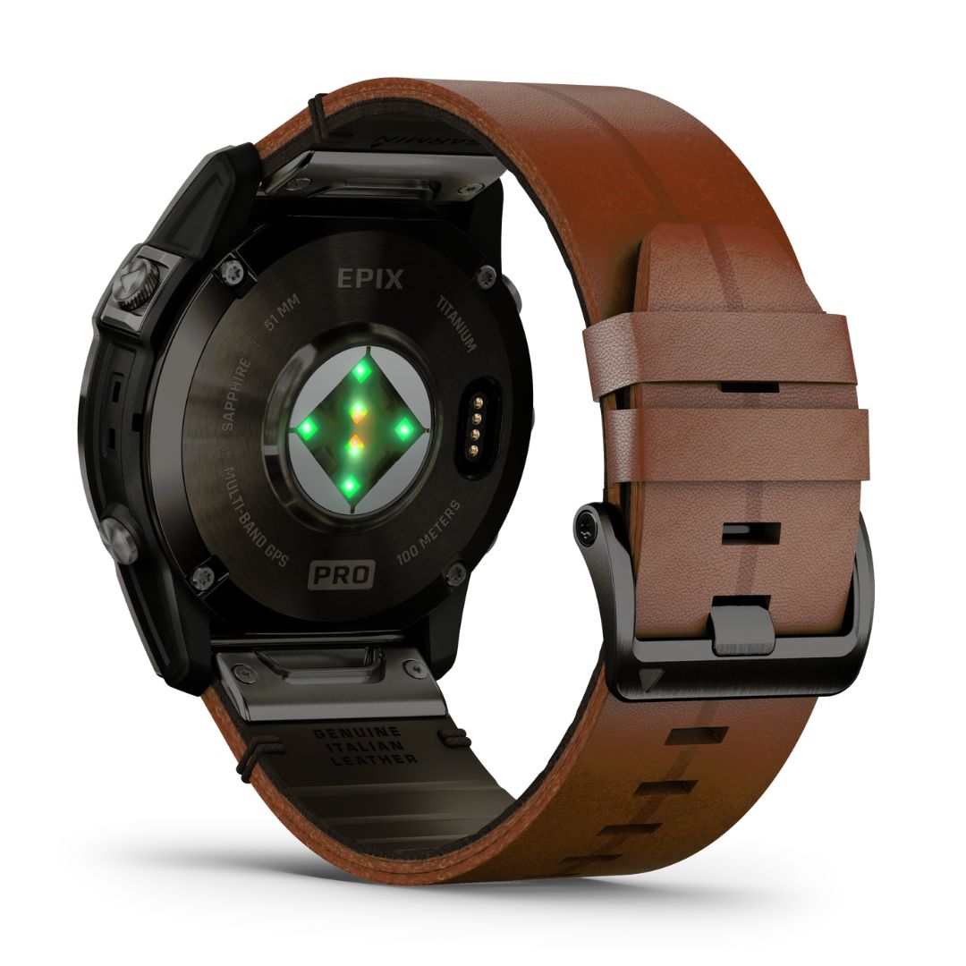 Garmin Epix Pro Gen 2 Sapphire, 51 mm, hiilenharmaa DLC-titaani ja ruskea nahkaranneke, AMOLED GPS-älykello 010-02804-30