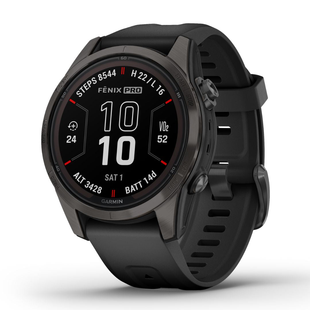Garmin Fenix 7S Pro Sapphire Solar, hiilenharmaa DLC titaani ja musta ranneke, multisport-GPS-älykello 010-02776-11