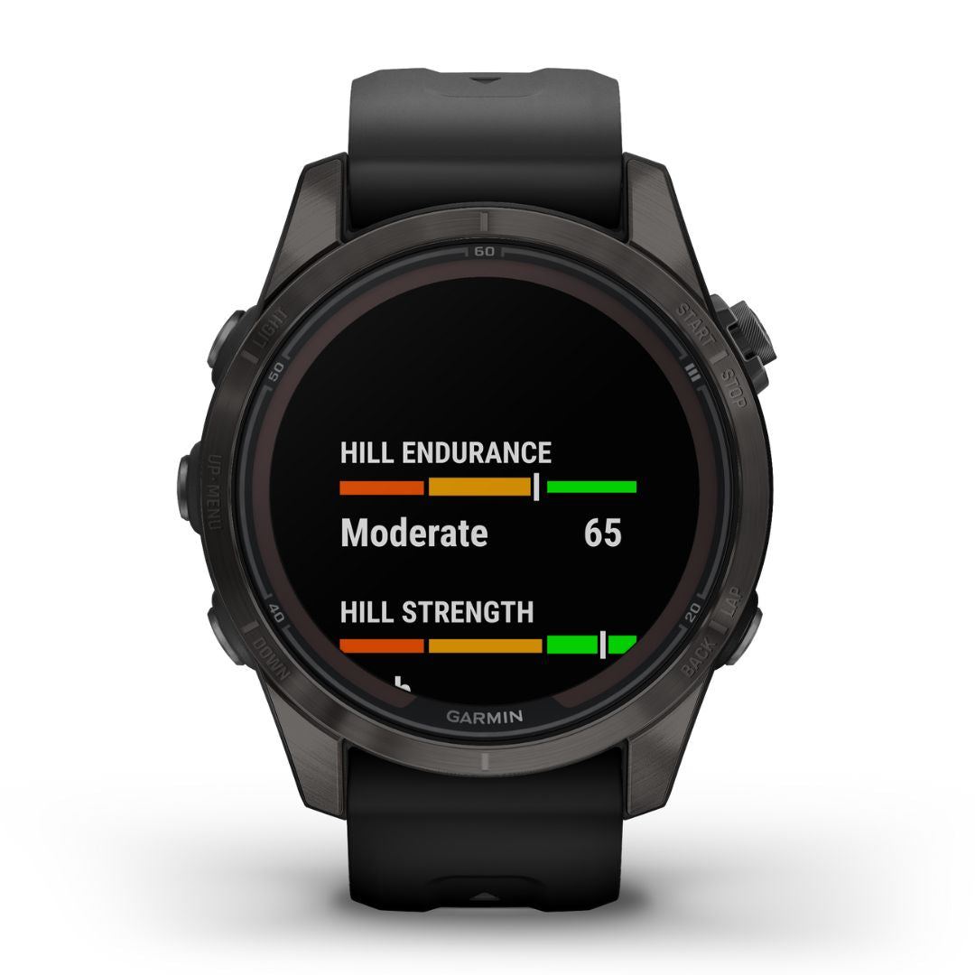 Garmin Fenix 7S Pro Sapphire Solar, hiilenharmaa DLC titaani ja musta ranneke, multisport-GPS-älykello 010-02776-11