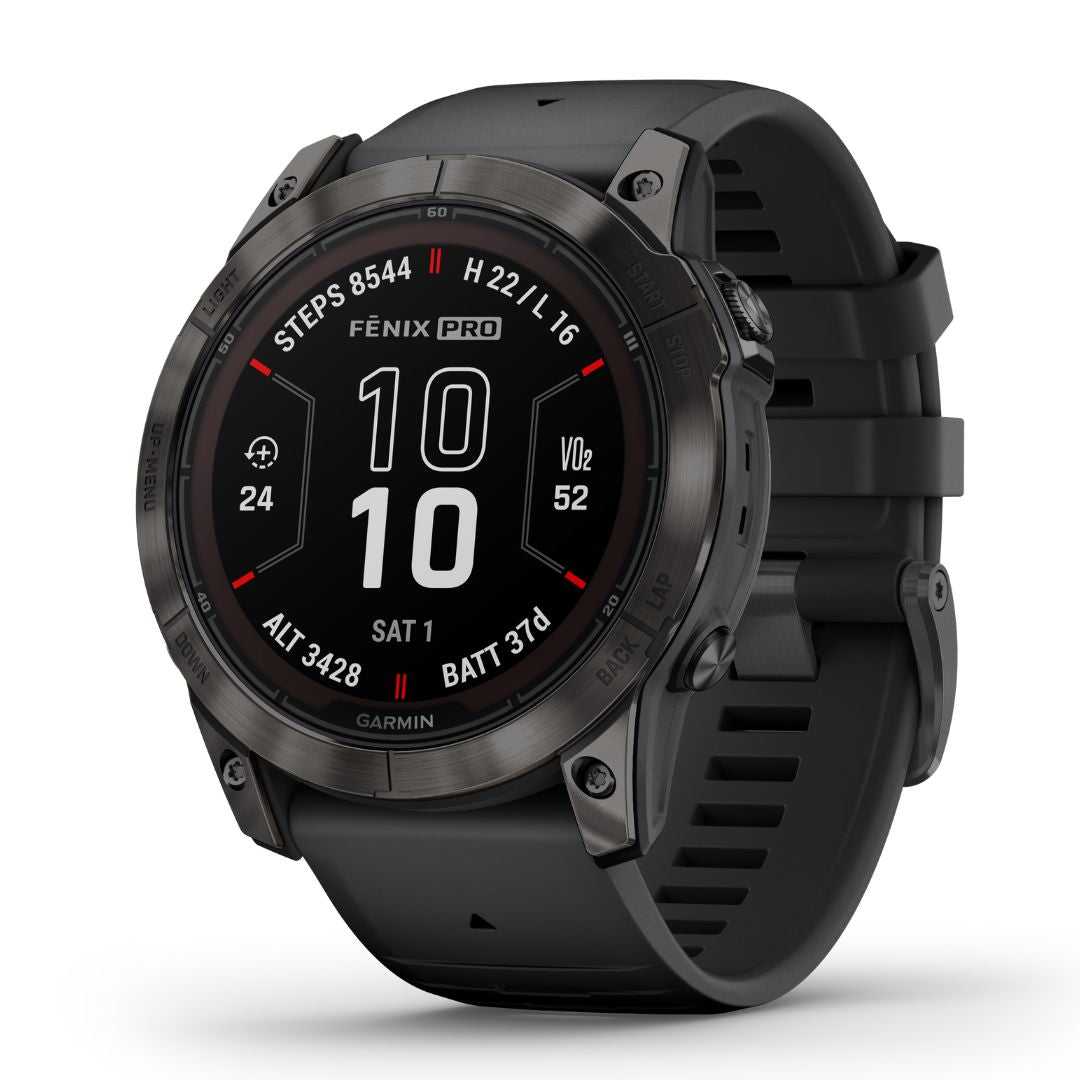 Garmin Fenix 7X Pro Sapphire Solar, hiilenharmaa DLC titaani ja musta ranneke, multisport-GPS-älykello 010-02778-11