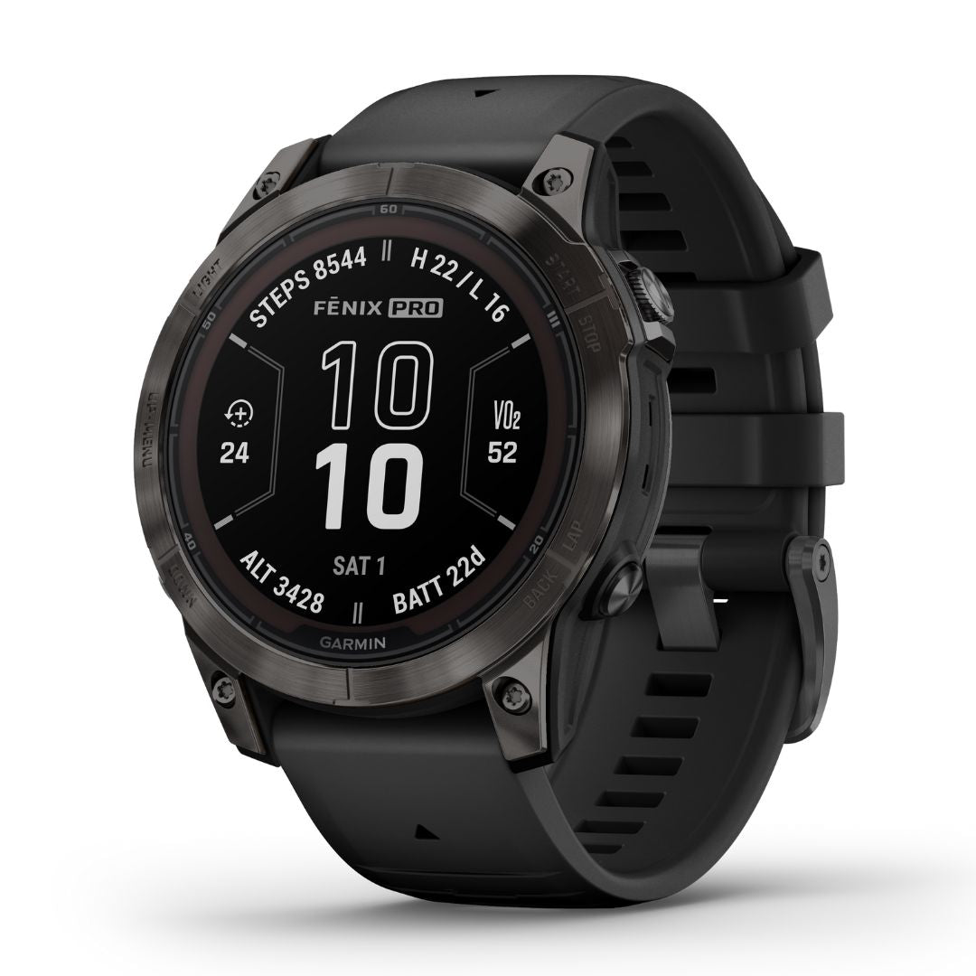 Garmin Fenix 7 Pro Sapphire Solar, hiilenharmaa titaani ja musta ranneke, multisport-GPS-älykello 010-02777-11