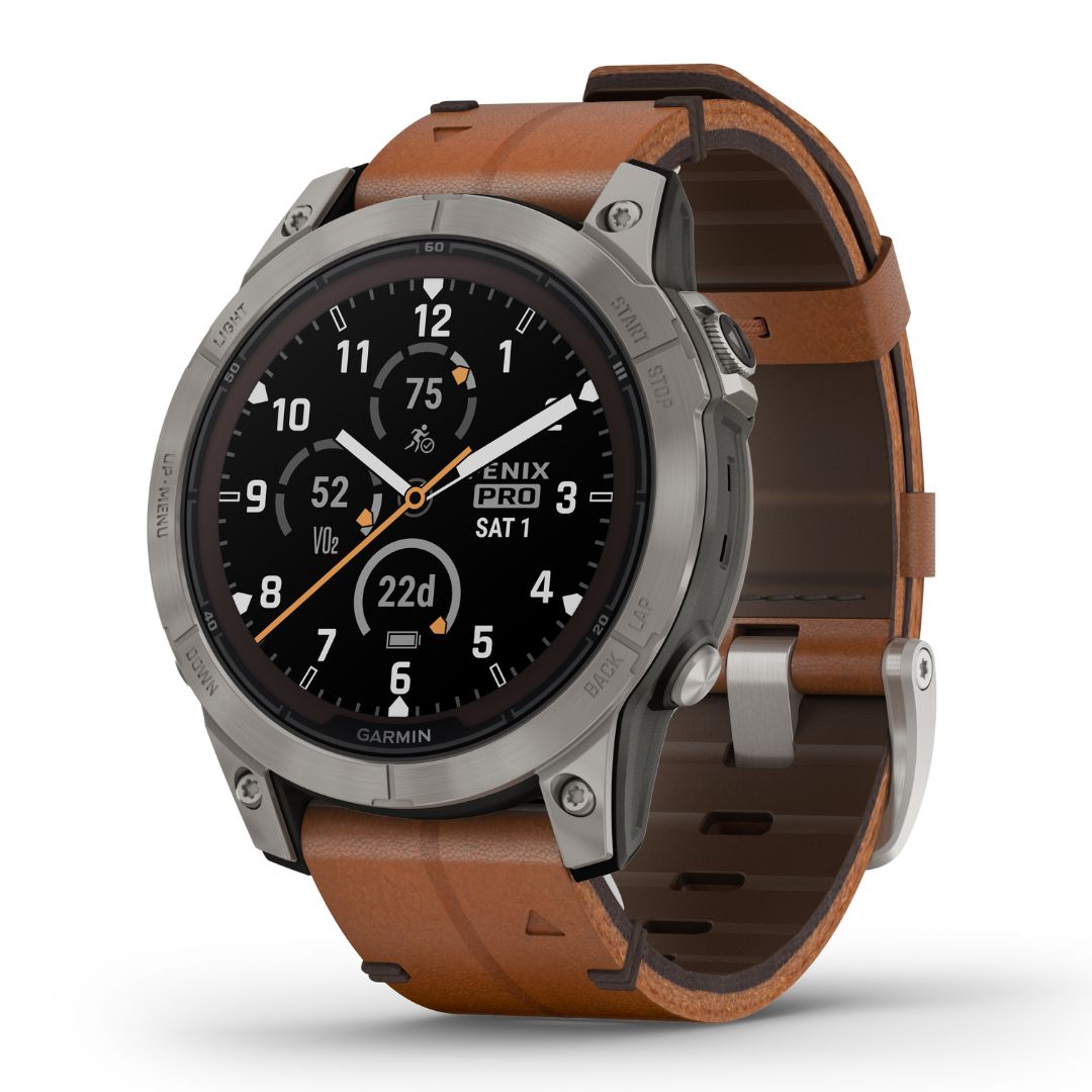 Garmin Fenix 7 Pro Sapphire Solar, titaani ja ruskea nahkaranneke, multisport-GPS-älykello 010-02777-30