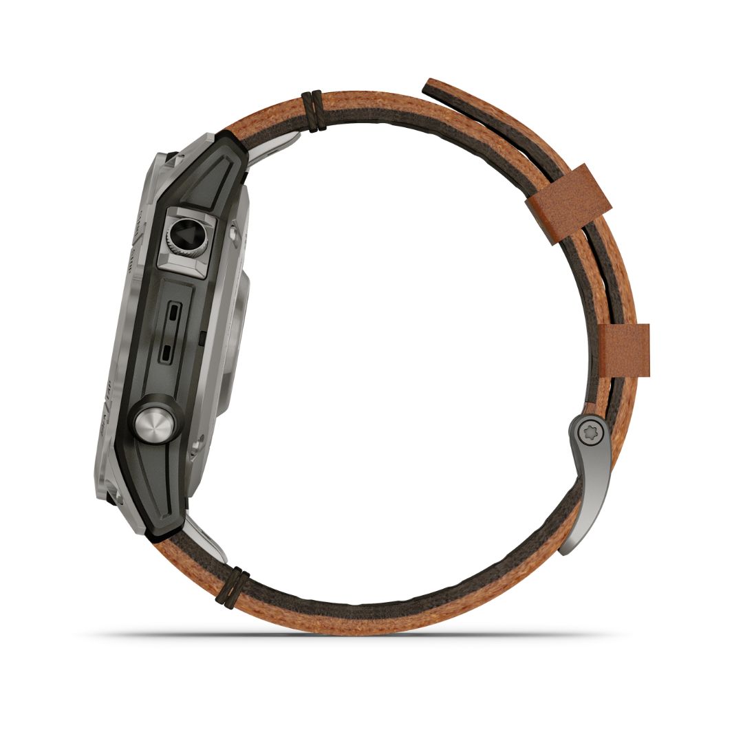 Garmin Fenix 7 Pro Sapphire Solar, titaani ja ruskea nahkaranneke, multisport-GPS-älykello 010-02777-30