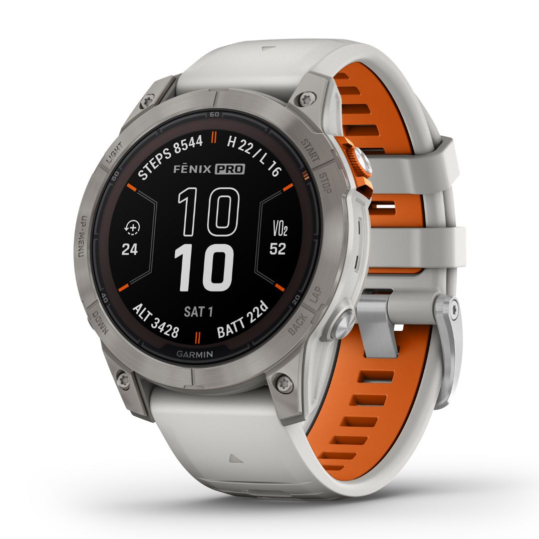 Garmin Fenix 7 Pro Sapphire Solar, titaani ja sumunharmaa/oranssi ranneke, multisport-GPS-älykello 010-02777-21
