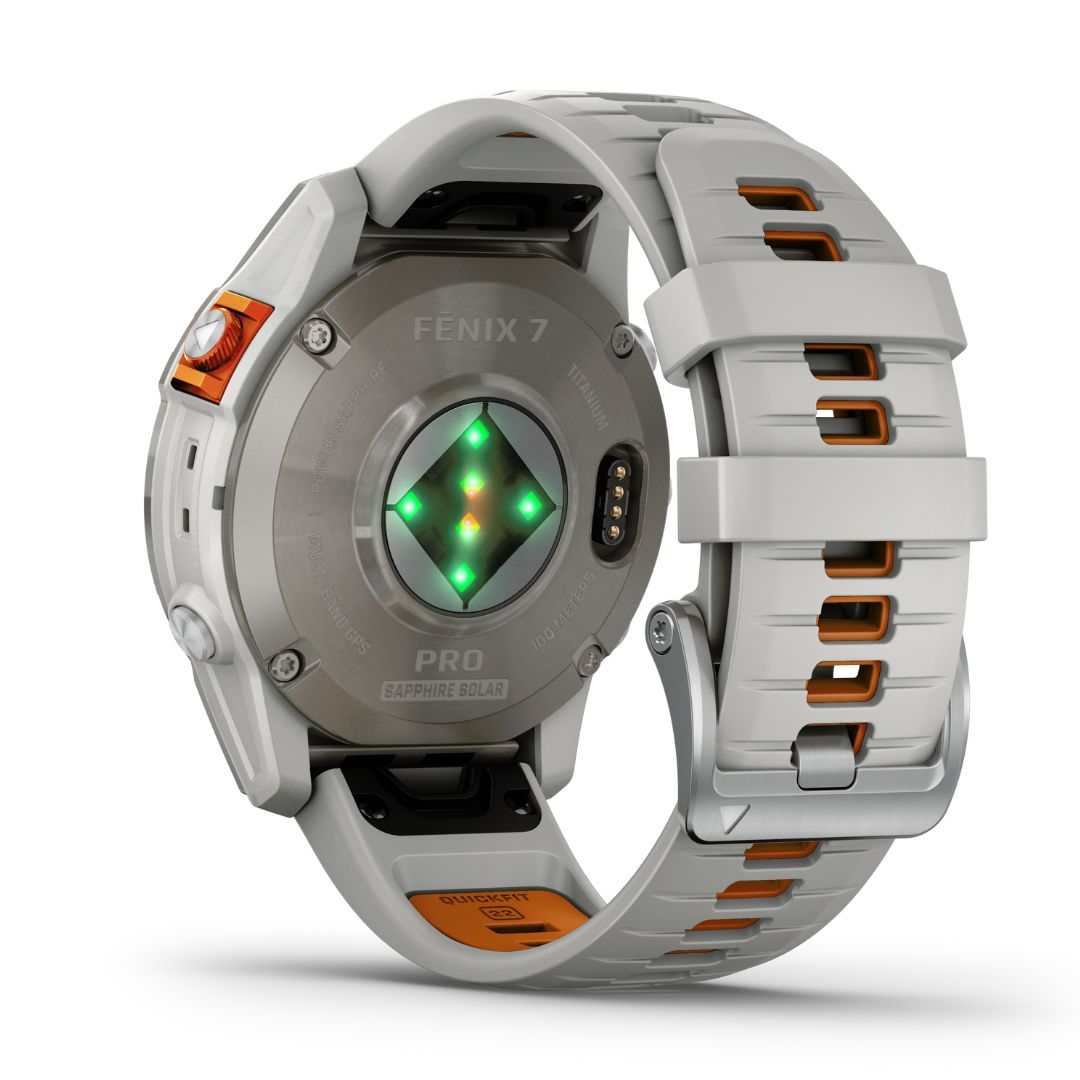 Garmin Fenix 7 Pro Sapphire Solar, titaani ja sumunharmaa/oranssi ranneke, multisport-GPS-älykello 010-02777-21