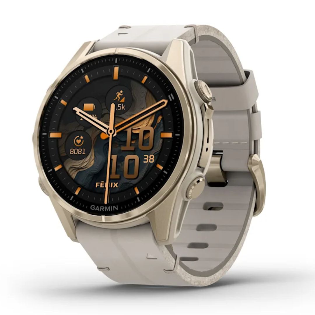 Garmin Fenix 8, 43 mm, Sapphire Amoled, vaalea kulta ja kalkkikivenvärinen nahkahihna, älykello 010-02903-40