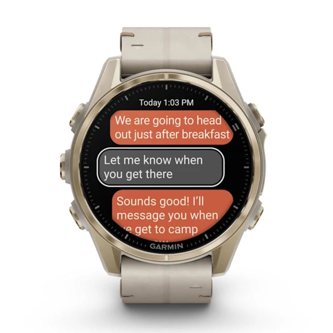 Garmin Fenix 8, 43 mm, Sapphire Amoled, vaalea kulta ja kalkkikivenvärinen nahkahihna, älykello 010-02903-40