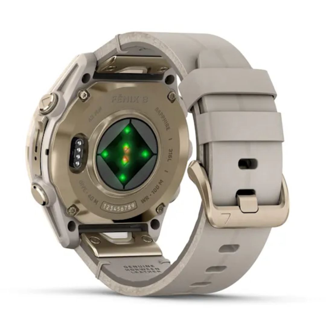 Garmin Fenix 8, 43 mm, Sapphire Amoled, vaalea kulta ja kalkkikivenvärinen nahkahihna, älykello 010-02903-40