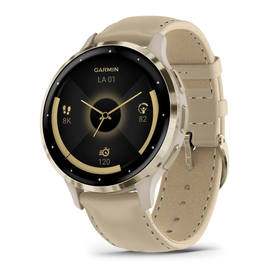 Garmin Venu 3S Soft Gold Stainless Steel Bezel and French grey Leather  Strap, Amoled GPS Smartwatch 010-02785-55