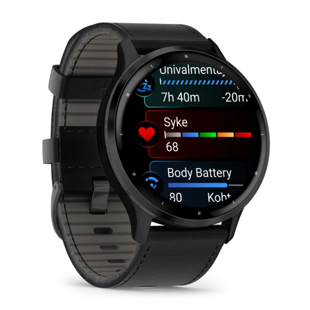 Garmin Venu 3 grafiitinharmaa ja musta nahkaranneke, Amoled GPS-älykello 010-02784-52