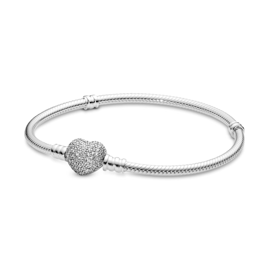 Pandora Moments Sparkling Heart & Snake Chain Bracelet, Silver, 590727