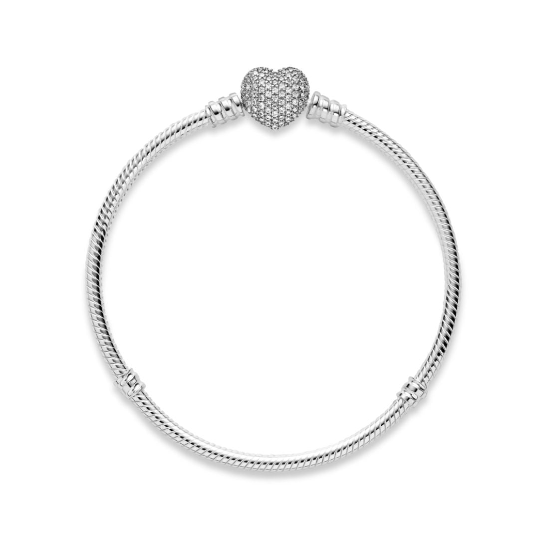 Pandora Moments Sparkling Heart & Snake Chain rannekoru, hopea, 590727CZ