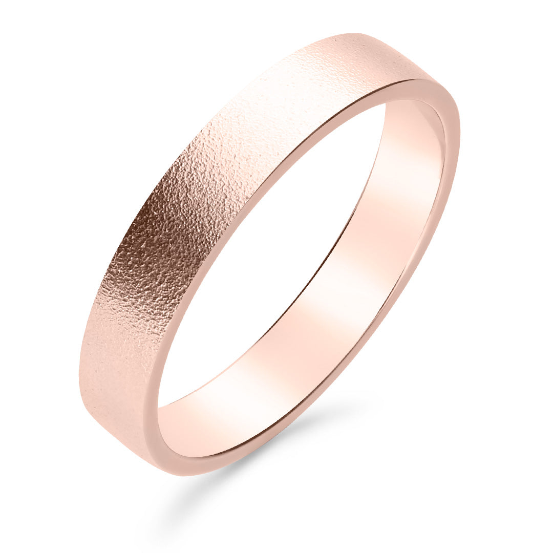Silván kihlasormus, lasikuulapuhallettu pinta 4mm flakka, 14K rosekultaa, Silván kihlasormukset