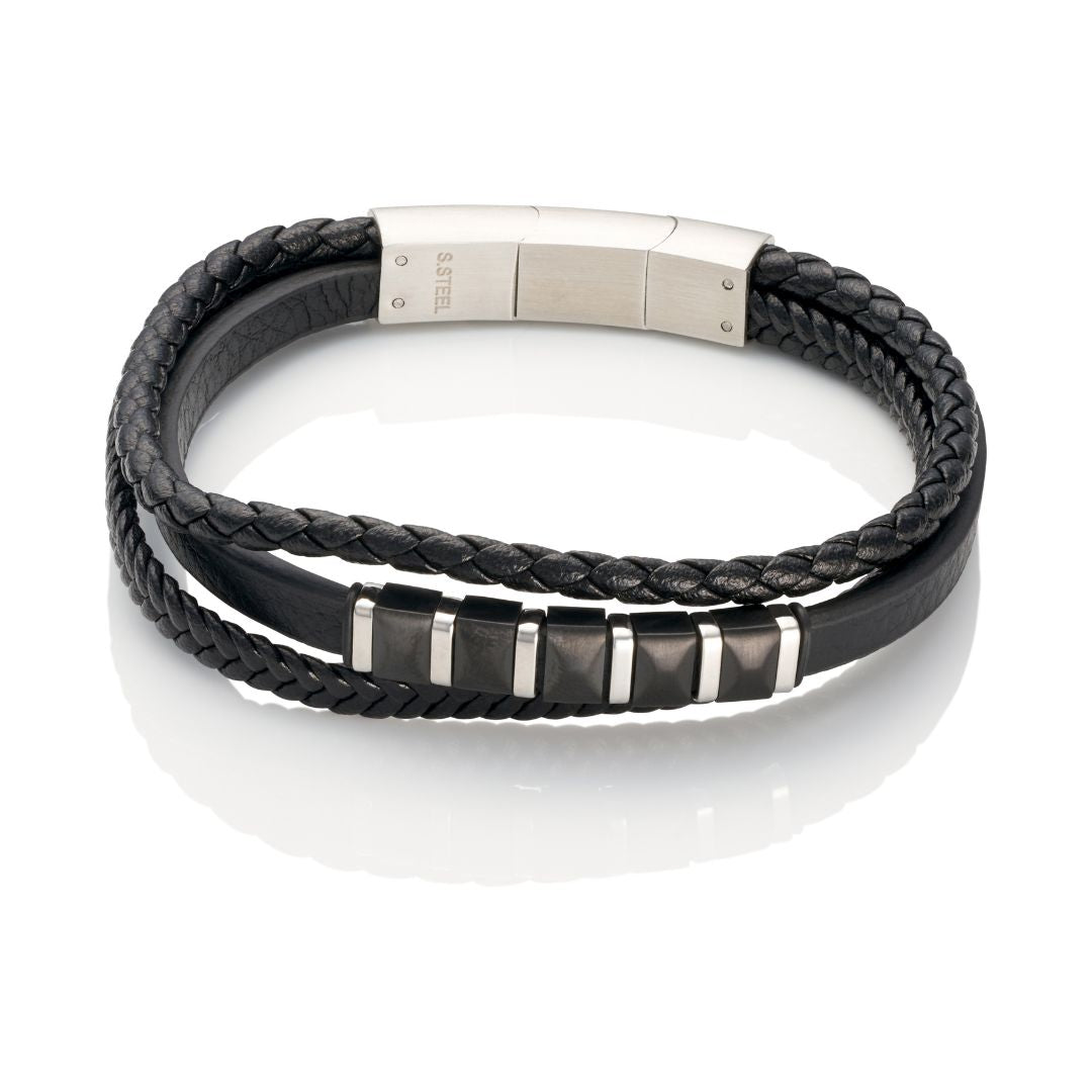 Stelle Leather Bracelet with Steel Pieces, Three-Piece