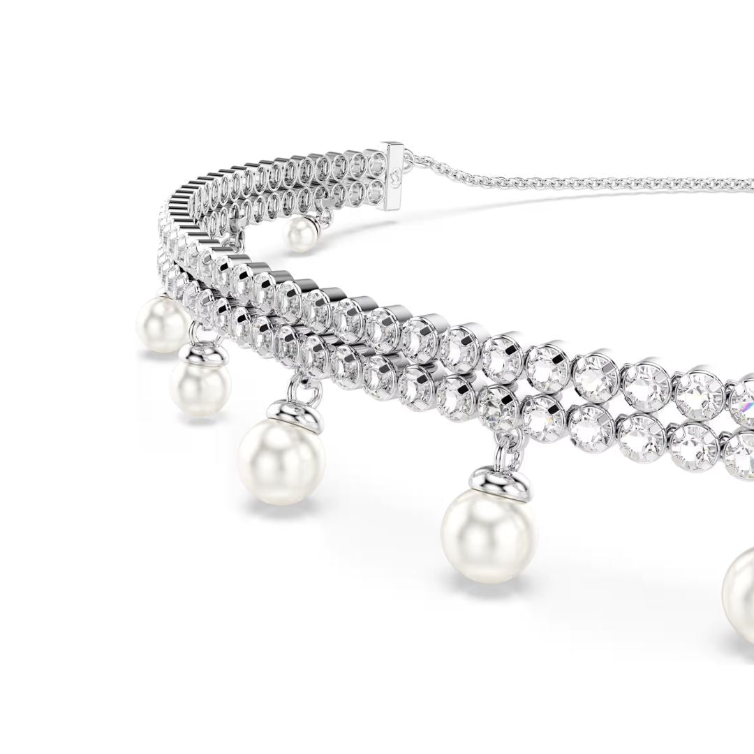Swarovski x Ariana Grande Choker kaulakoru, vaalea metalli, kirkkaat kristallit ja valkoiset helmet, 5720865