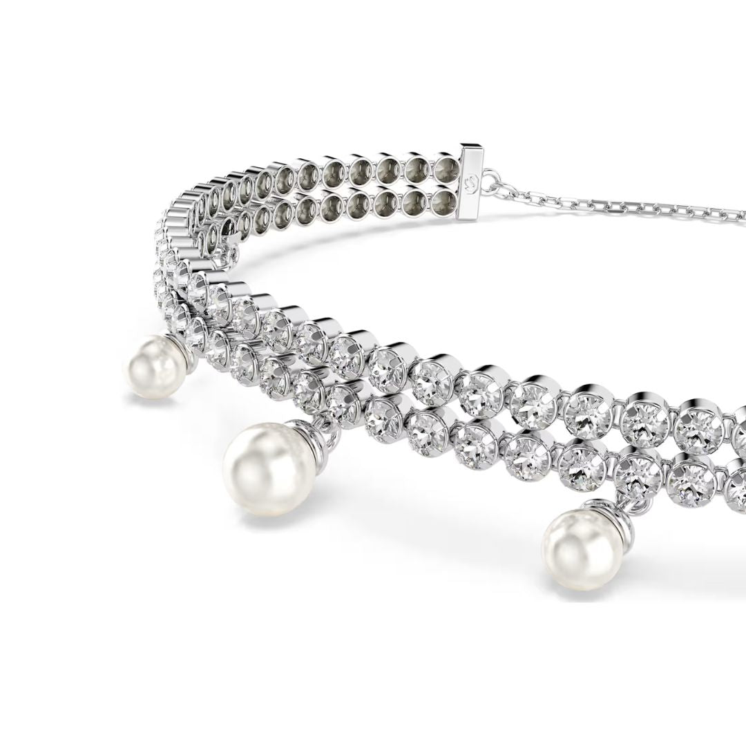 Swarovski x Ariana Grande rannekoru, vaalea metalli, kirkkaat kristallit ja valkoiset helmet 5720870