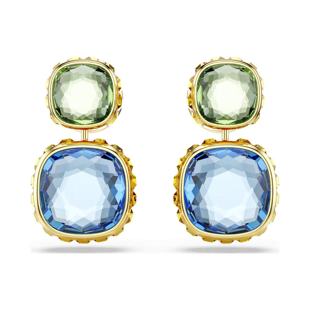 Swarovski Chroma Earrings, Yellow Gold Color, Multi-Colored Crystals, Swarovski Chroma Earrings, Yellow Gold Color, Multi-Colored Crystals,