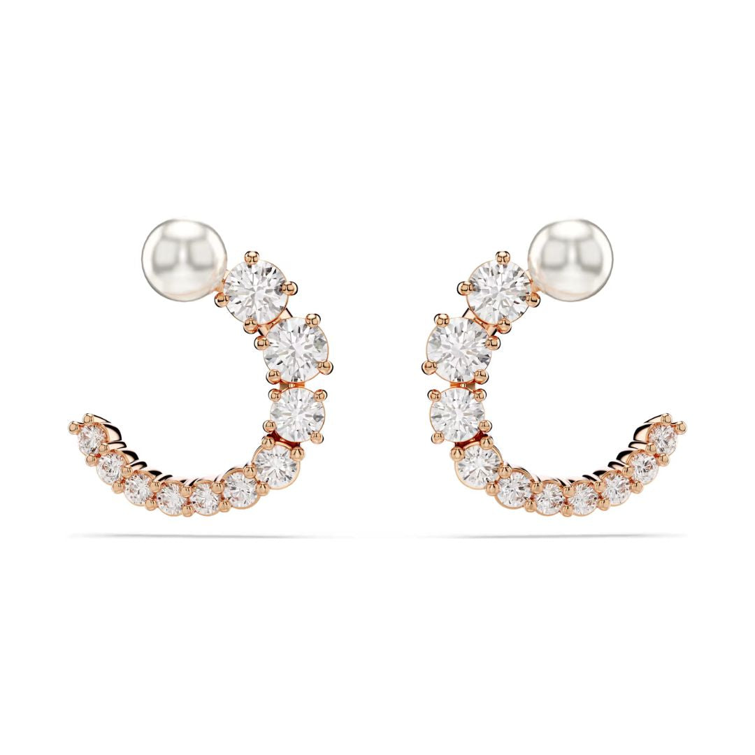 Swarovski Matrix Hoop Earrings, Rose Gold Color with White Crystals and White Pearl 5692264
