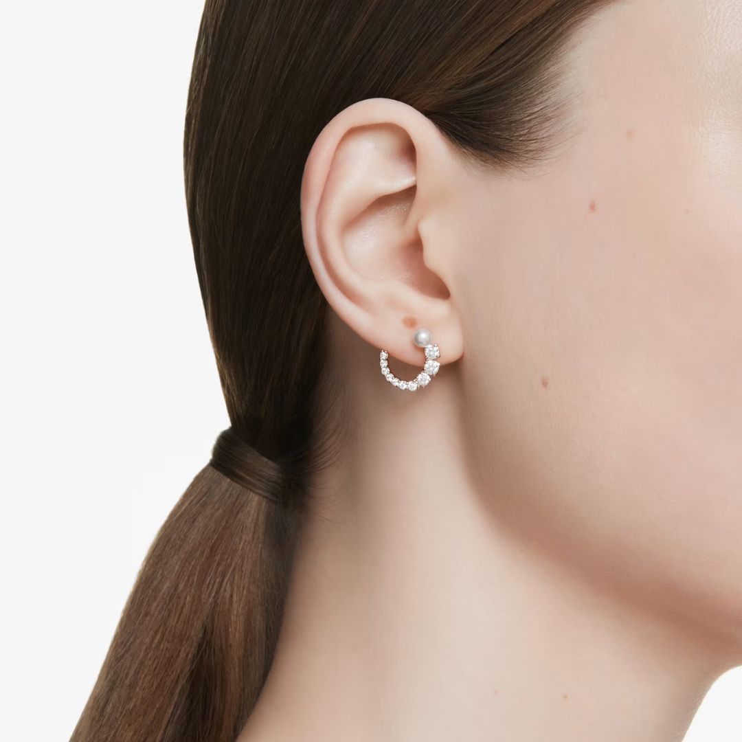 Swarovski Matrix Hoop Earrings, Rose Gold Color with White Crystals and White Pearl 5692264