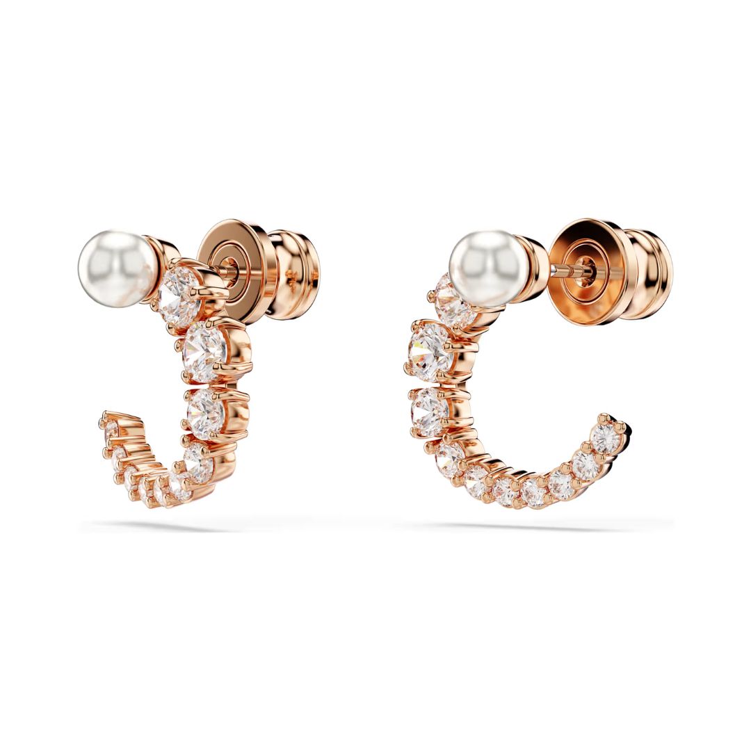 Swarovski Matrix Hoop Earrings, Rose Gold Color with White Crystals and White Pearl 5692264