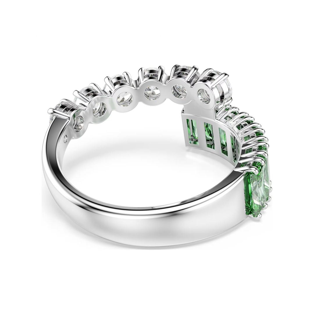 Swarovski Matrix sormus, vaalea metalli, kirkkaat ja vihreät kristallit