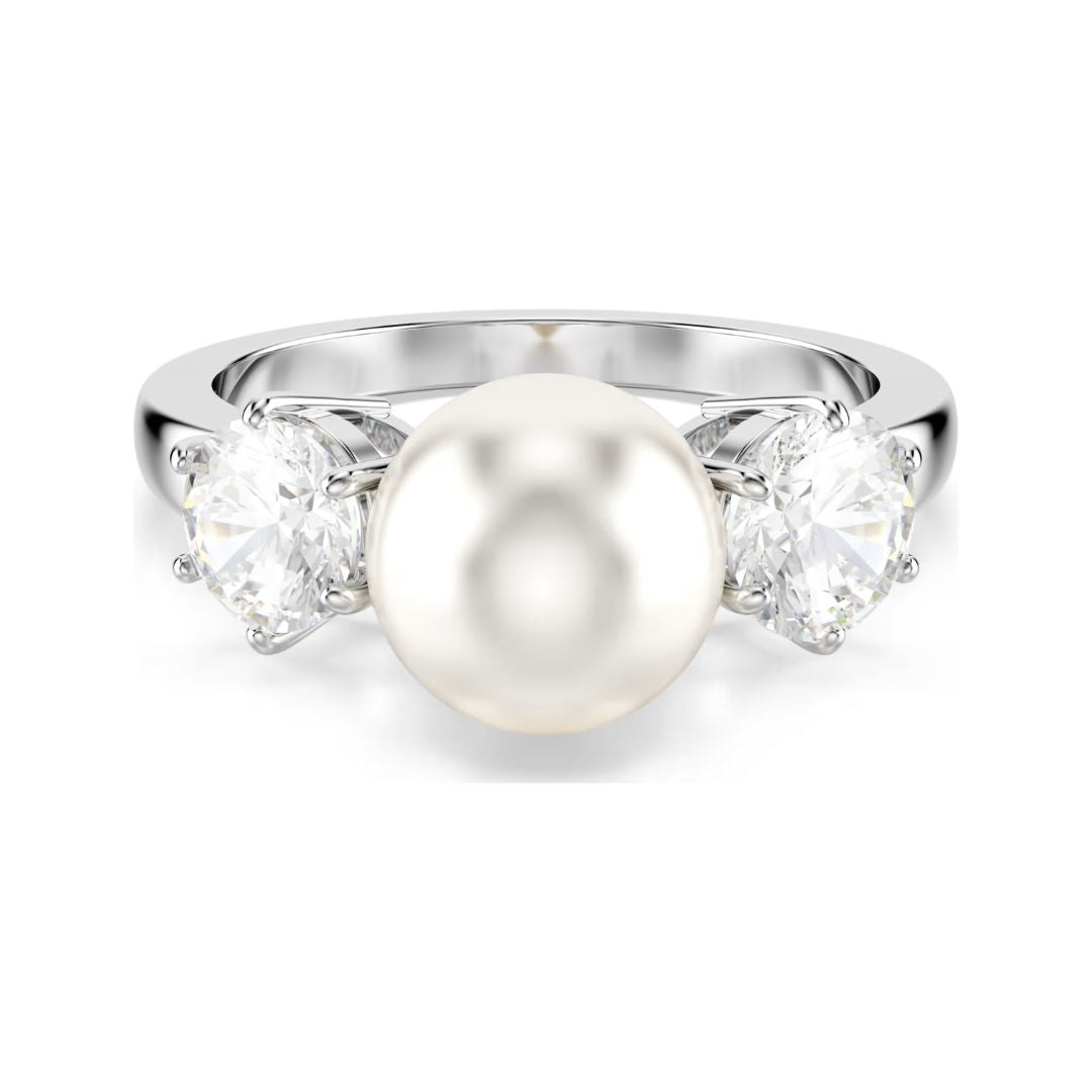 Swarovski Matrix sormus, vaalea metalli kirkkailla kristalleilla ja valkoisella helmellä
