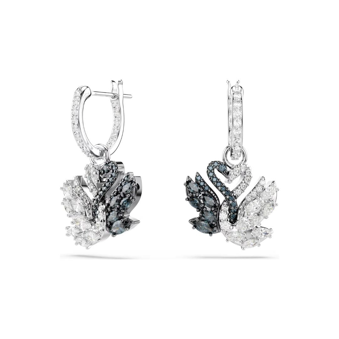 Swarovski Swan Earrings, Rhodium Plated Metal and Black Crystals, 5705
