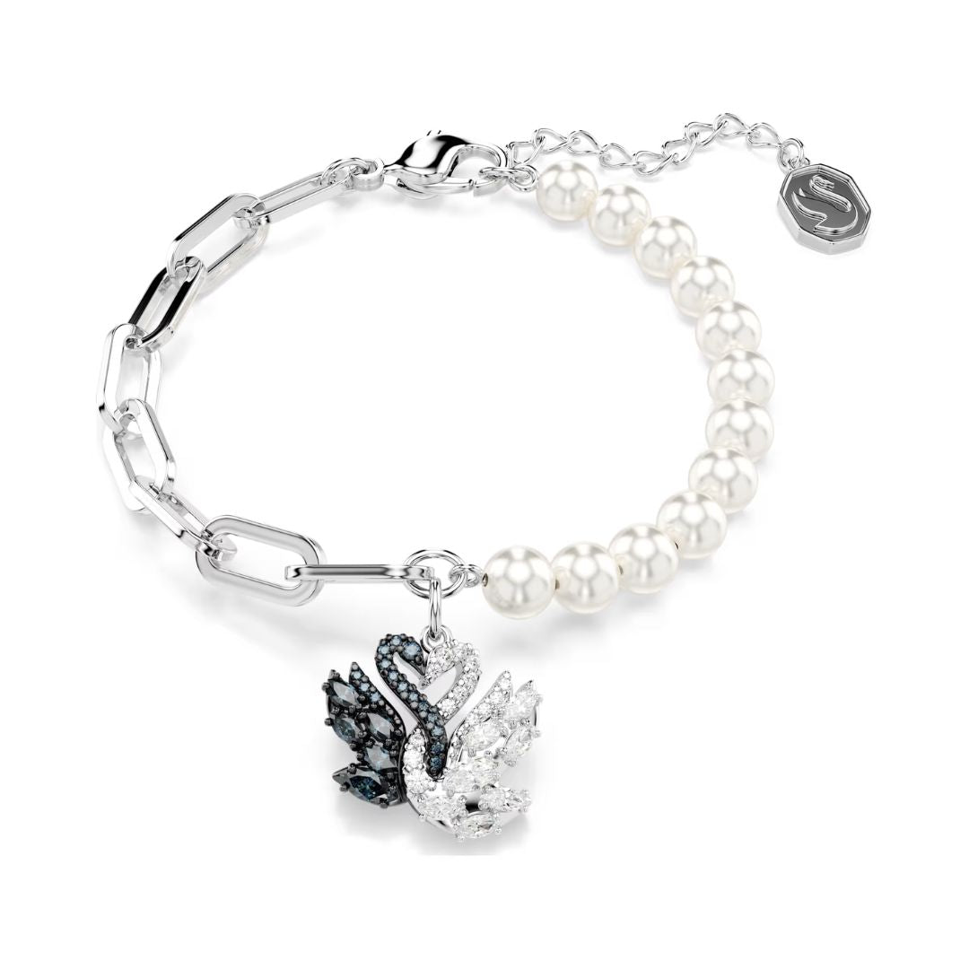 Swarovski Swan rannekoru, vaalea metalli, mustat kristallit ja valkoiset helmet, 5705720