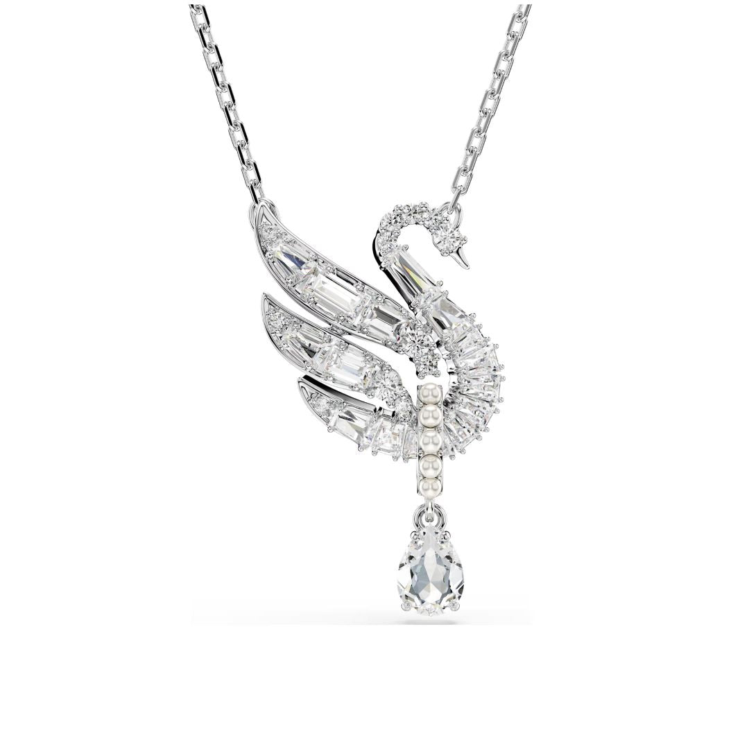 Swarovski Swan Pendant, Rhodium Plated Metal, White Crystals and White