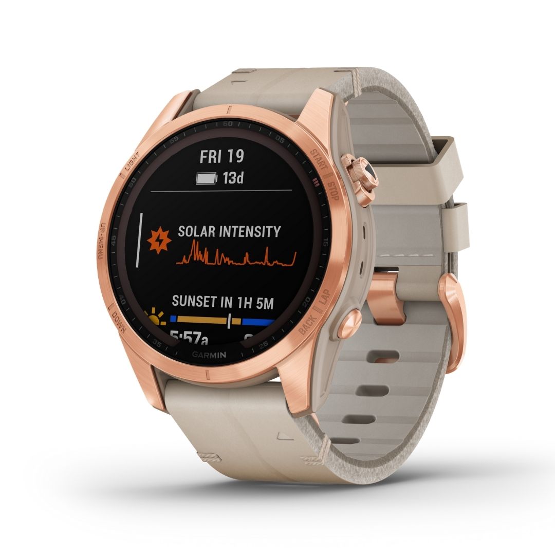 Garmin Fēnix 7S Sapphire Solar 42 mm ruusukulta ja kalkkikivi, multisport-GPS-kello 010-02539-35
