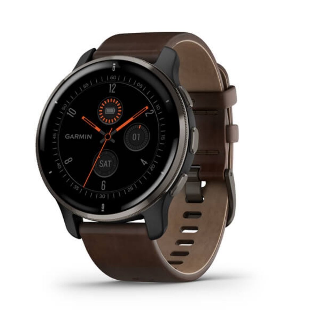 Garmin Venu 2 Plus graniitinharmaa ja ruskea nahkaranneke, Amoled GPS-älykello 010-02496-15