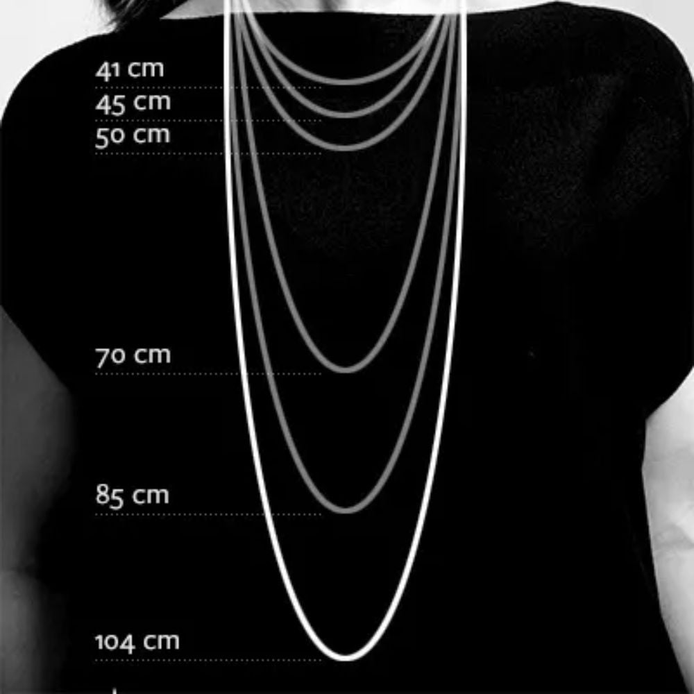 Kalevala kaulakorujen pituudet mittasuhdekuvassa - esimerkkikuva ketjujen pituuksista