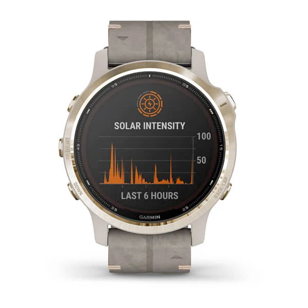 Garmin Fenix 6S Pro Solar 42 mm vaalea kulta ja harmaa mokkanahkahihna, monilajiälykello 010-02409-26 - Garmin - Laatukoru
