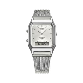 Casio AQ-230EM-7AEF Vintage rannekello hopeanvärisellä taululla ja rannekkeella