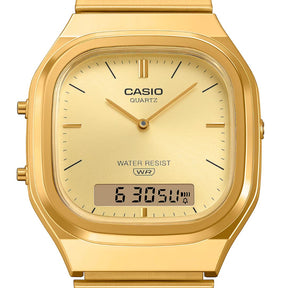 Casio AQ-240EG-9AEF Vintage rannekello kultaisella rannekkeella ja taululla
