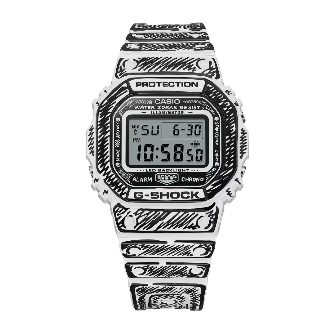 Casio G-Shock DW-5600JV-7ER valkoinen digitaalinen rannekello mustilla yksityiskohdilla