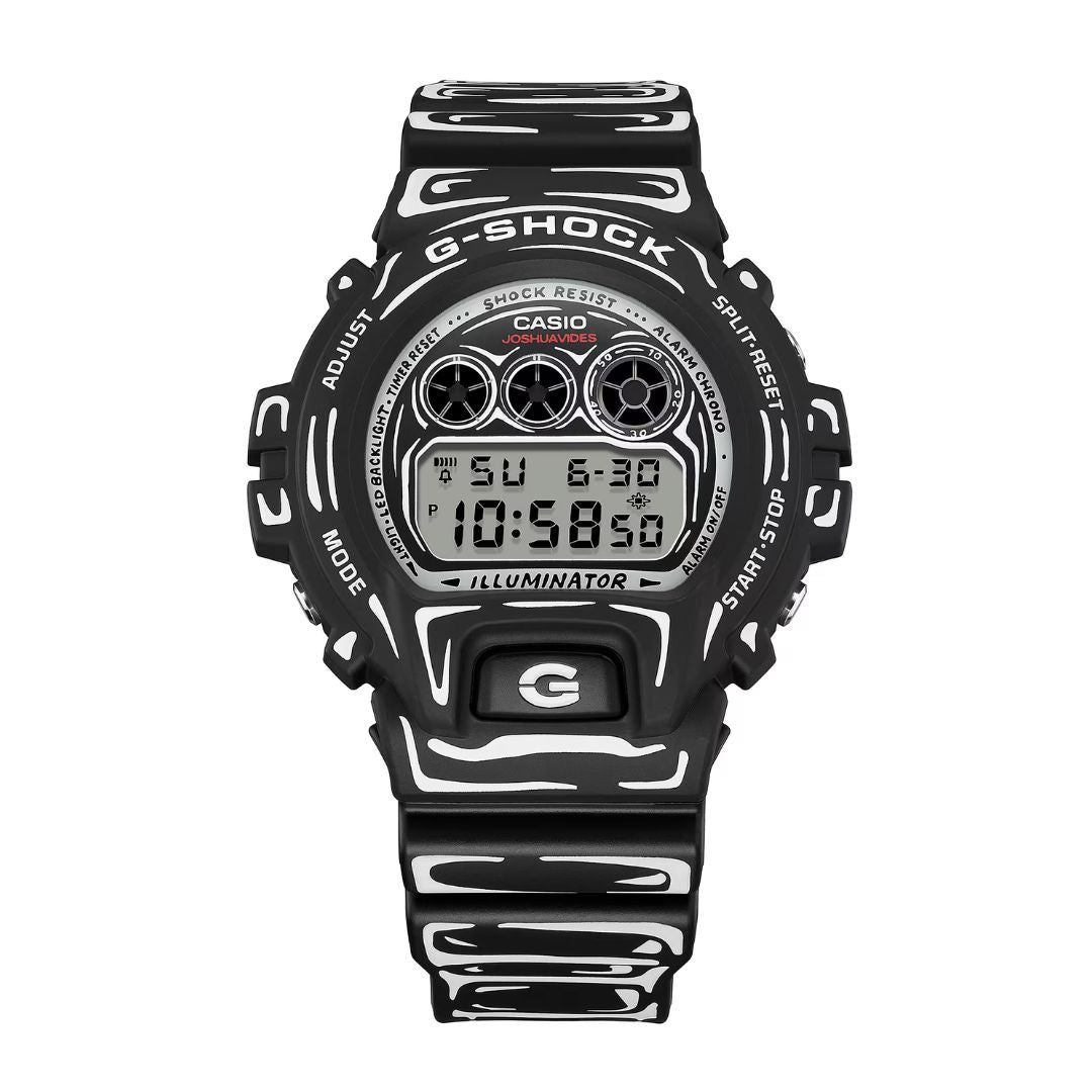 Casio G-Shock DW-6900JV-1ER musta rannekello valkoisilla yksityiskohdilla