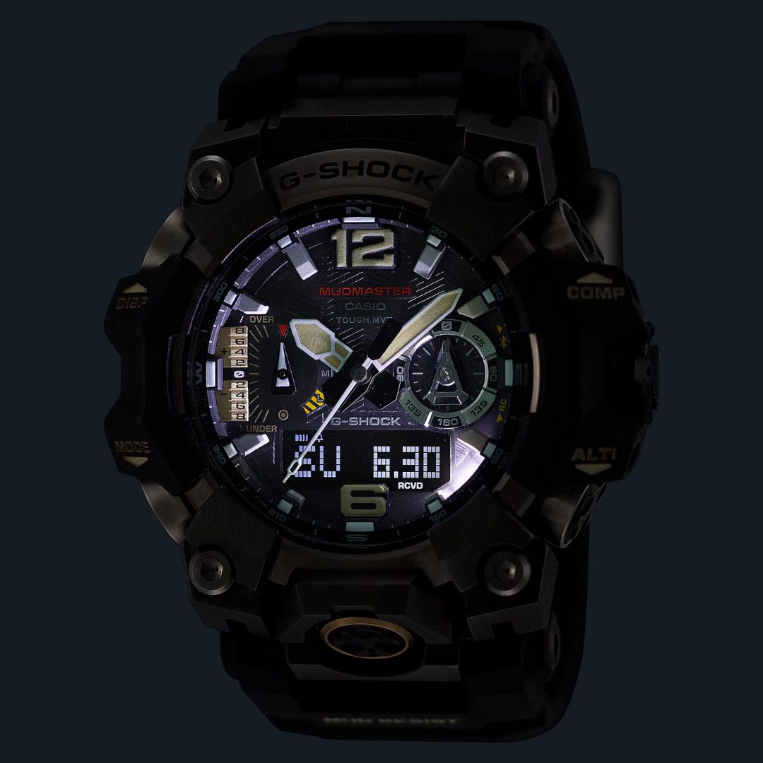 Casio G-Shock Mudmaster GWG-B1000-1AER rannekello Super Illuminator -valolla ja Neobrite-viisareilla