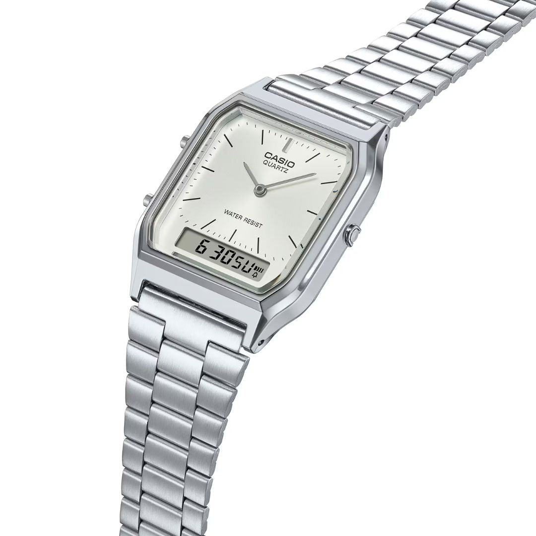 Casio Vintage AQ-230A-7AMQYES rannekello, hopea kellotaulu ja ranneke