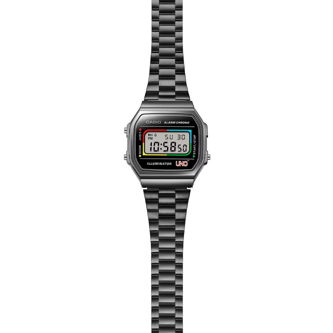 Casio Vintage UNO A168WEUC-1AER rannekello, musta ranneke ja kuori