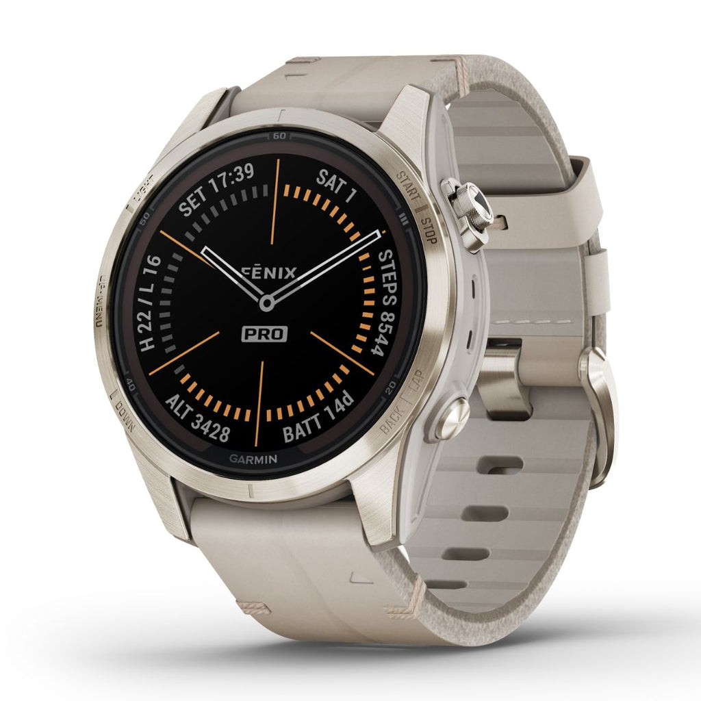 Garmin Fenix 7S Pro Sapphire Solar, gold-tone with light grey leather
