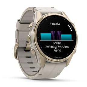 Garmin Fenix 8, 43 mm, Sapphire Amoled, vaalea kulta ja kalkkikivenvärinen nahkahihna, älykello 010-02903-40