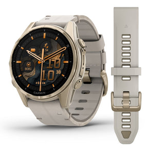 Garmin Fenix 8, 43mm Amoled Sapphire, vaalea kulta ja kalkkikivenvärinen nahkahihna, älykello 010-02903-40