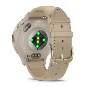 Garmin Venu 3S Soft Gold Stainless Steel Bezel and French grey Leather