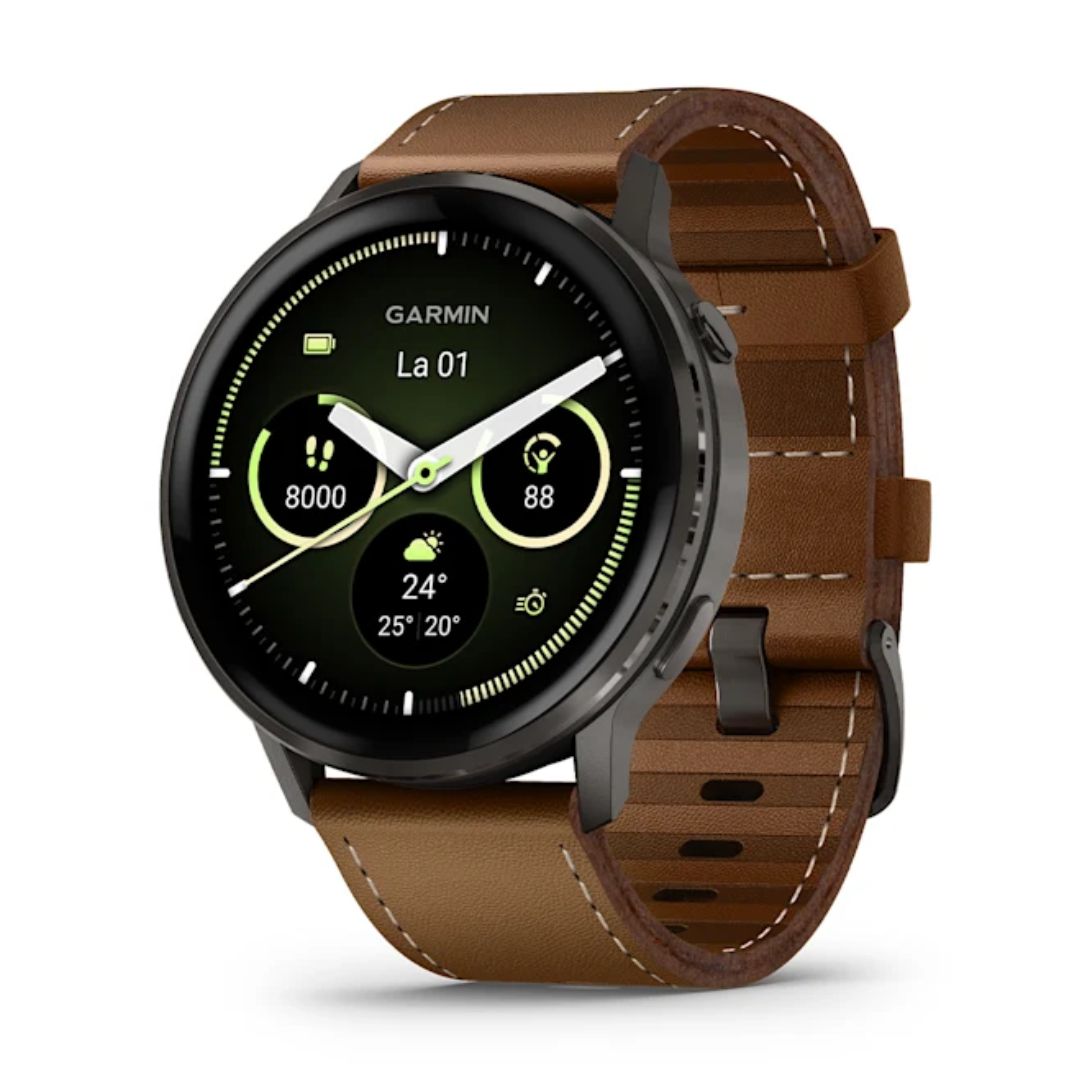 Garmin Venu 4, tummanharmaa ja ruskea nahkaranneke, 45 mm, Amoled GPS-älykello 010-03014-03